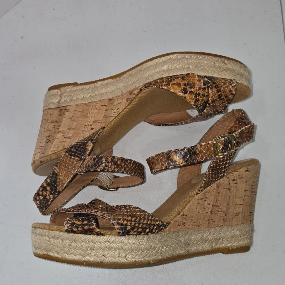 Kanna Spain Brown Snakeskin Print Leather Cork Wedge Espadrille Sandals Size 39